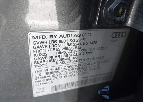 2021 Audi Q7 Prestige 55 Tfsi Quattro Tiptronic из США, поврежденный, VIN WA1VXAF77MD035798